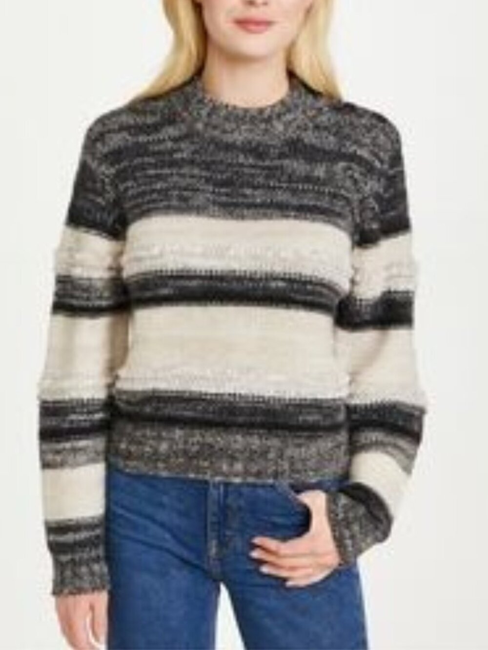 Unsubscribed Cashmere Raccoon Hair Chunky Striped Button Crew Sweater